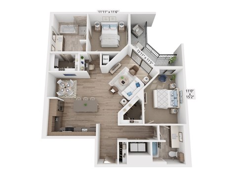 Floor plan for 2 beds, 2 baths, 1369 sqft